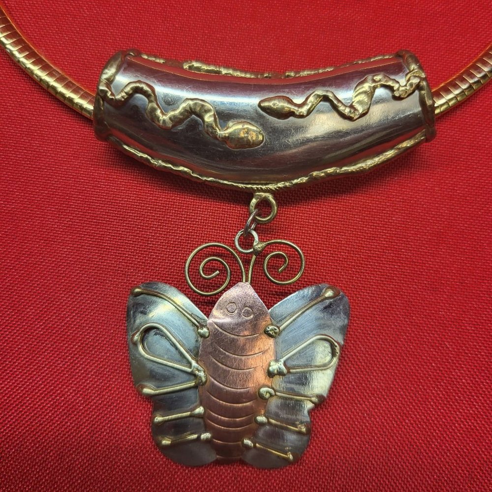 VTG Metal Butterfly Pendant Choker Necklace Statement Jewelry